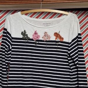 Talbots Navy and White Striped Tee with Floral Embroidery